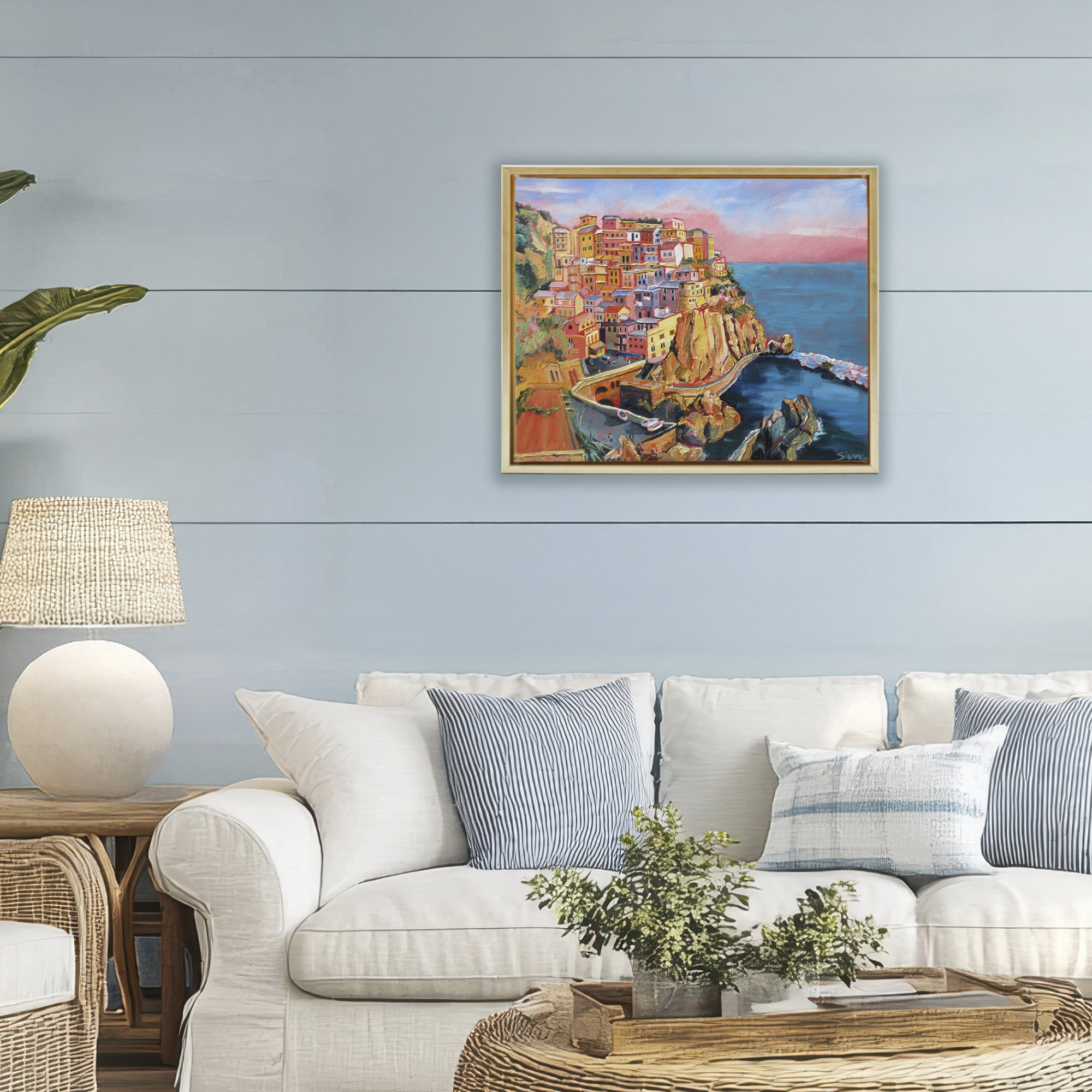 Stupell Industries Cinque Terre Seascape Architecture Gold Framed Floater Canvas Wall Art, design by Maxine Shore