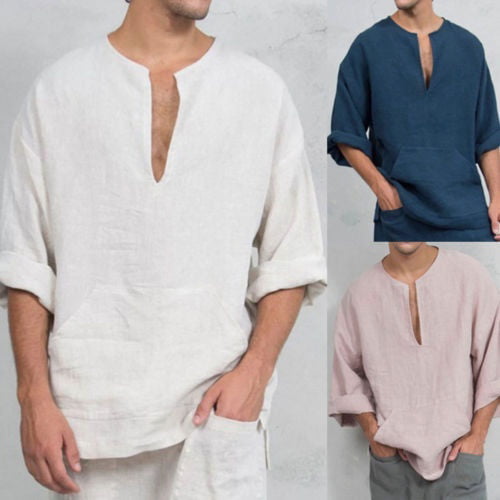 F_Gotal Mens Linen Cotton Shirts Button Henley T-Shirt Beach Tops Casual Short Sleeve Light Plain Tees with Pockets 