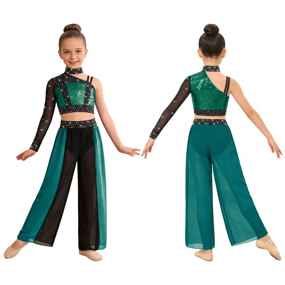iiniim Girls Jazz Dance Colored Patch Party Wear Shiny Embellishment Modern Stage Contest Top with Pants Green 8