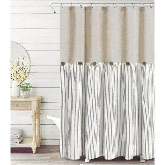 Psoiuetr Linen Shower Curtains for Bathroom Farmhouse Shower Curtain Rustic Country Button Fabric Pleated Gray Stripe 72" x 72"