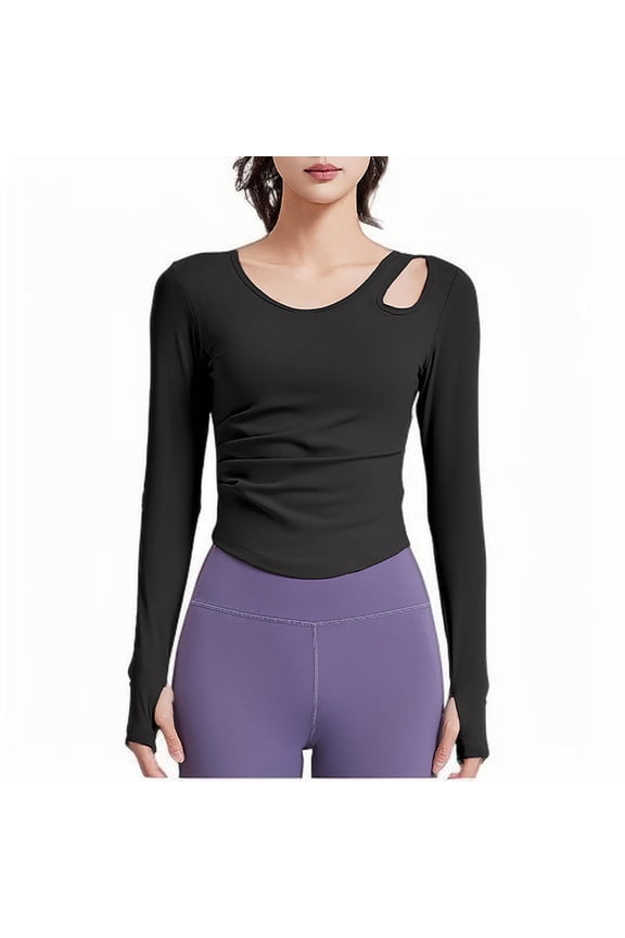 Women's Crop Workout Tops Long Sleeve Scoop Neck Cut out Curved Hem Slim T Shirts Athletic Yoga Tees with Thumb Holes(Black,Medium)