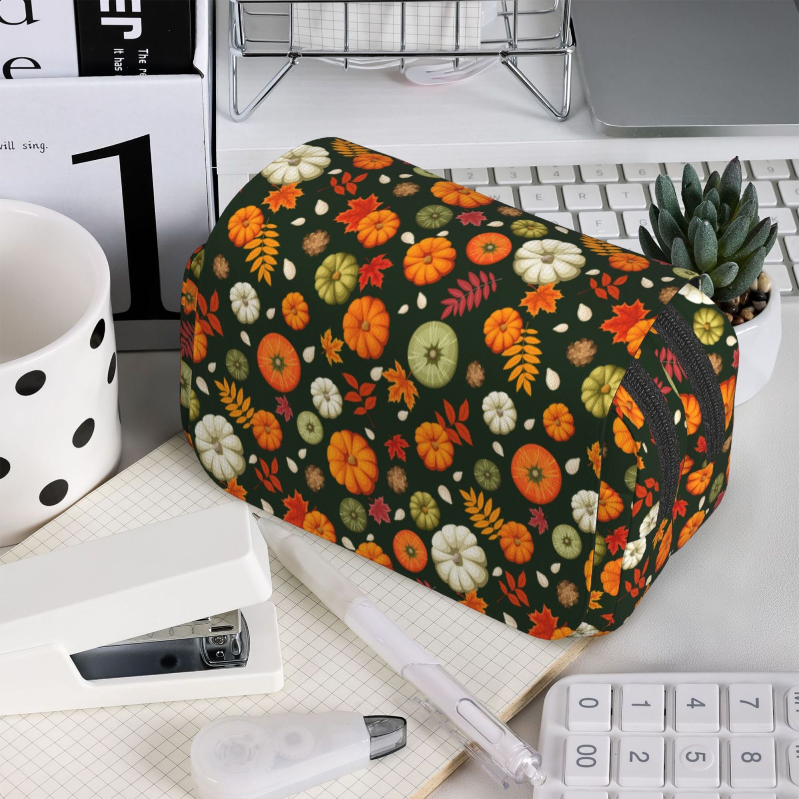 Rateoe Harvest Pumpkins Pattern Double Clamshell Pen Case, Storage Organizer with Two Zipper Compartments– Holds Up to 50 Pencils & Pens