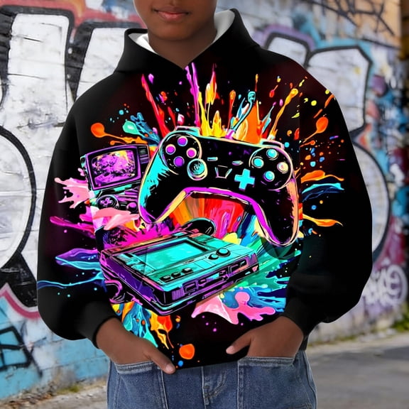 Trendfront Boys 3D Game Controller All Over Print Hoodies Long Sleeve Fall Winter School Casual Warm Sweatshirt Tops