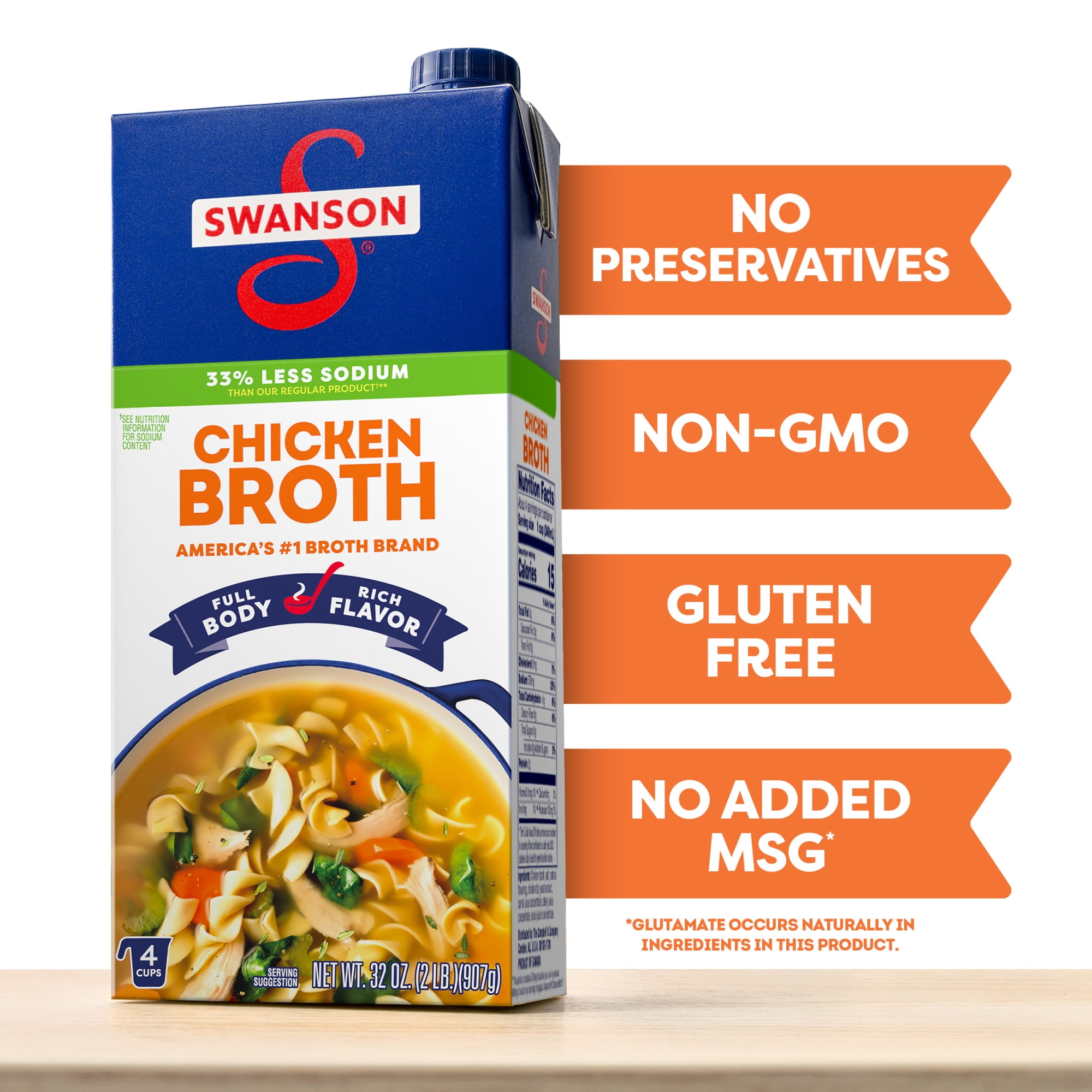 (12 pack) Swanson 33% Less Sodium Chicken Broth, 32 oz Carton