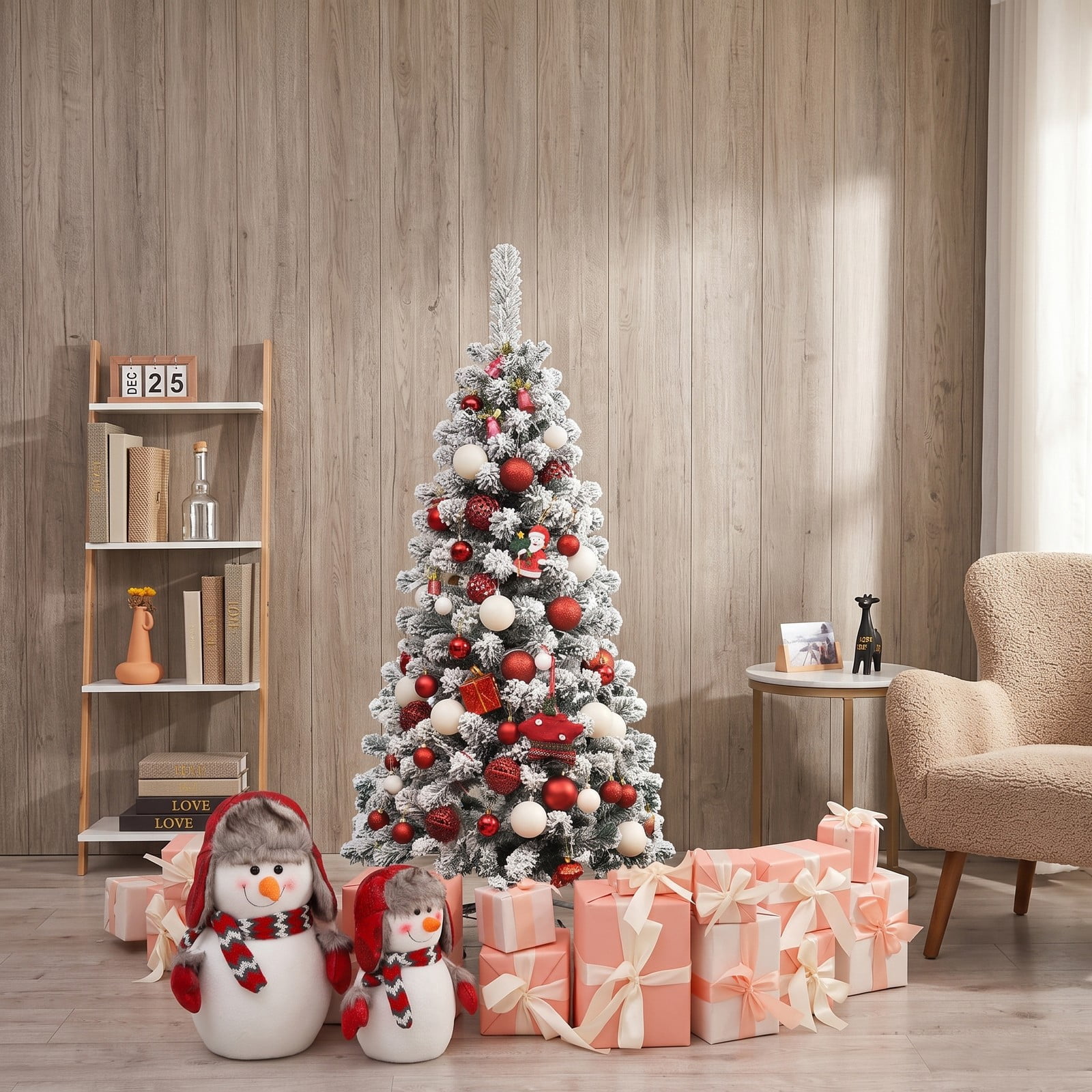 RUIE 4.5 FT Pre-Lit Snow Flocked Pencil Christmas Tree with 150 Warm White LED Lights, 242 Branch Tips, Artificial Slim Xmas Tree with Foldable Metal Stand for, White