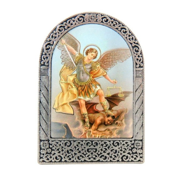 Religious Gifts Saint Michael The Archangel Icon in Silver Tone Metal Arch Standing Plaque, 2 1/2 Inch