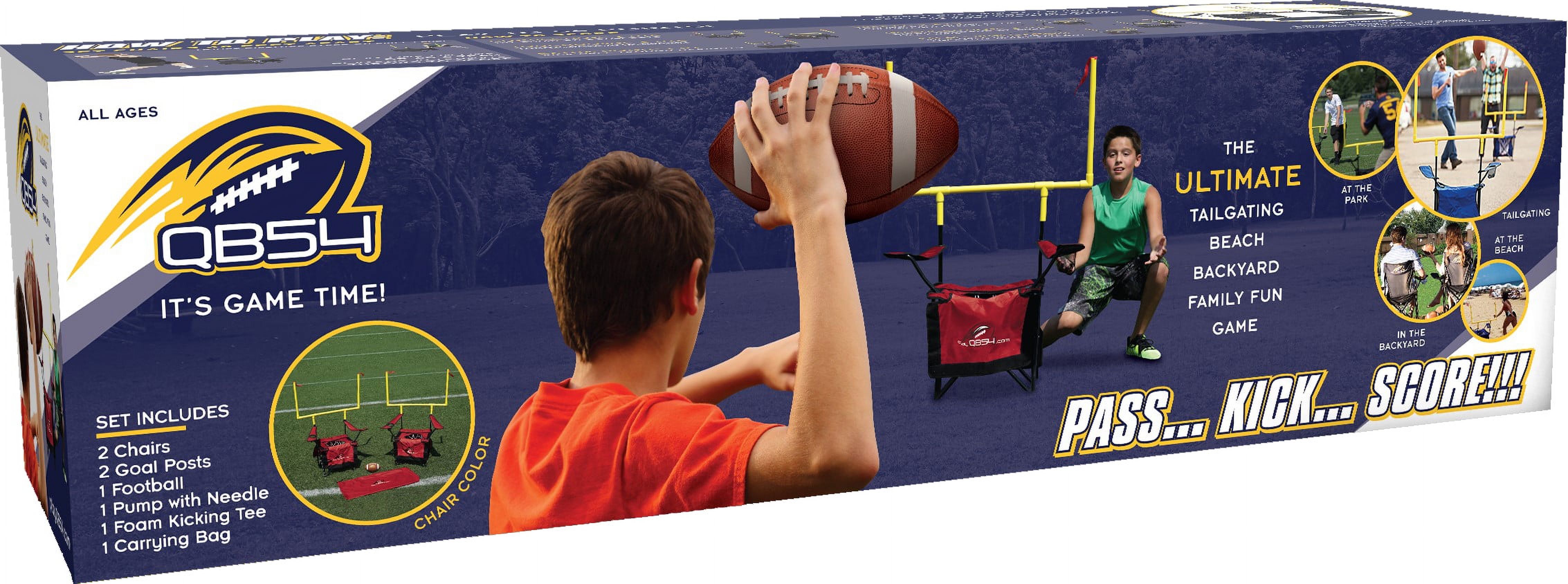 QB54 Ultimate Tailgating, Beach, Backyard, Family Fun Game - Football Toss & Kick Game Built into Two Camping Chairs