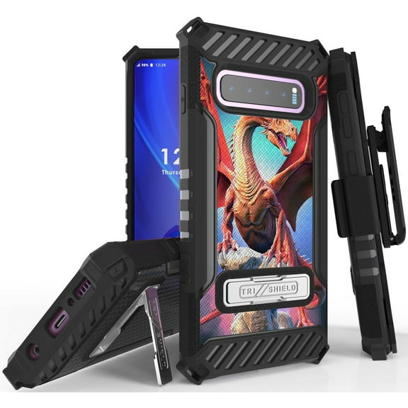 Tri-Shield [FIERCE CREATURE SERIES] Rugged Case Metal Kickstand Cover   Belt Clip Holster [ANIMAL DESIGN] for Samsung Galaxy S10 Phone (SM-G973)