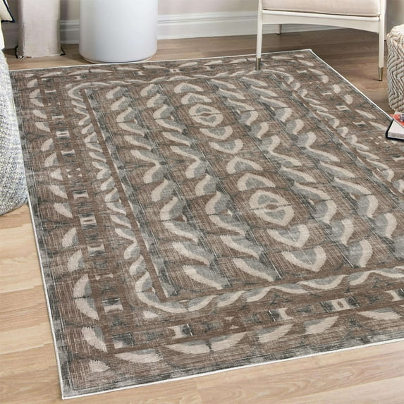 Bohemian Decorative Rug, Ethnic Retro Inspired Oval Ikat Like Ornaments Symmetric Look Print, Quality Carpet for Bedroom Dorm and Living Room, 6 Sizes, Cocoa Umber, by Ambesonne