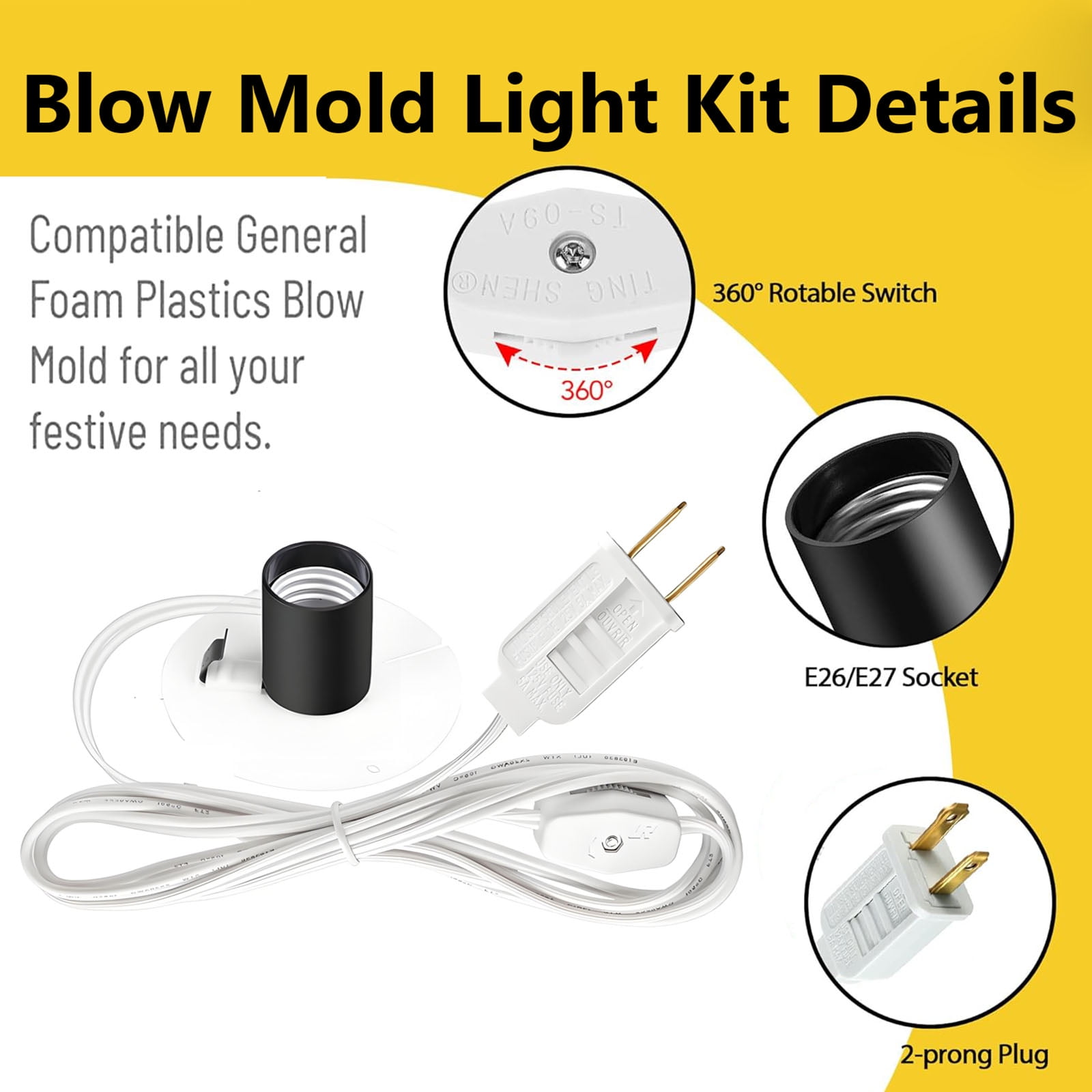 TWDRTDD Blow Mold Light Kit Replacement, E27 E26 Single Light Cord Kit with Switch Fuse Plug, for Indoor Outdoor Halloween Christmas Village House Craft Decorations and Salt Lamp (2-Pack)