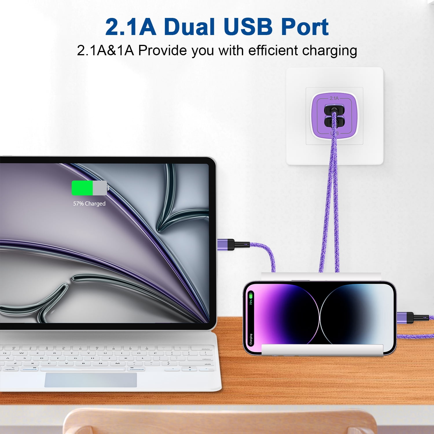 Zacenei USB Charger Block,2Pack 2.1A Dual USB Charging Block Station&2Pack iPhone Charger Cable 10ft Charging Cord USB Wall Charger Adapter Plug Fast Charging Cable Cords 10FT Compatible for iPhone14