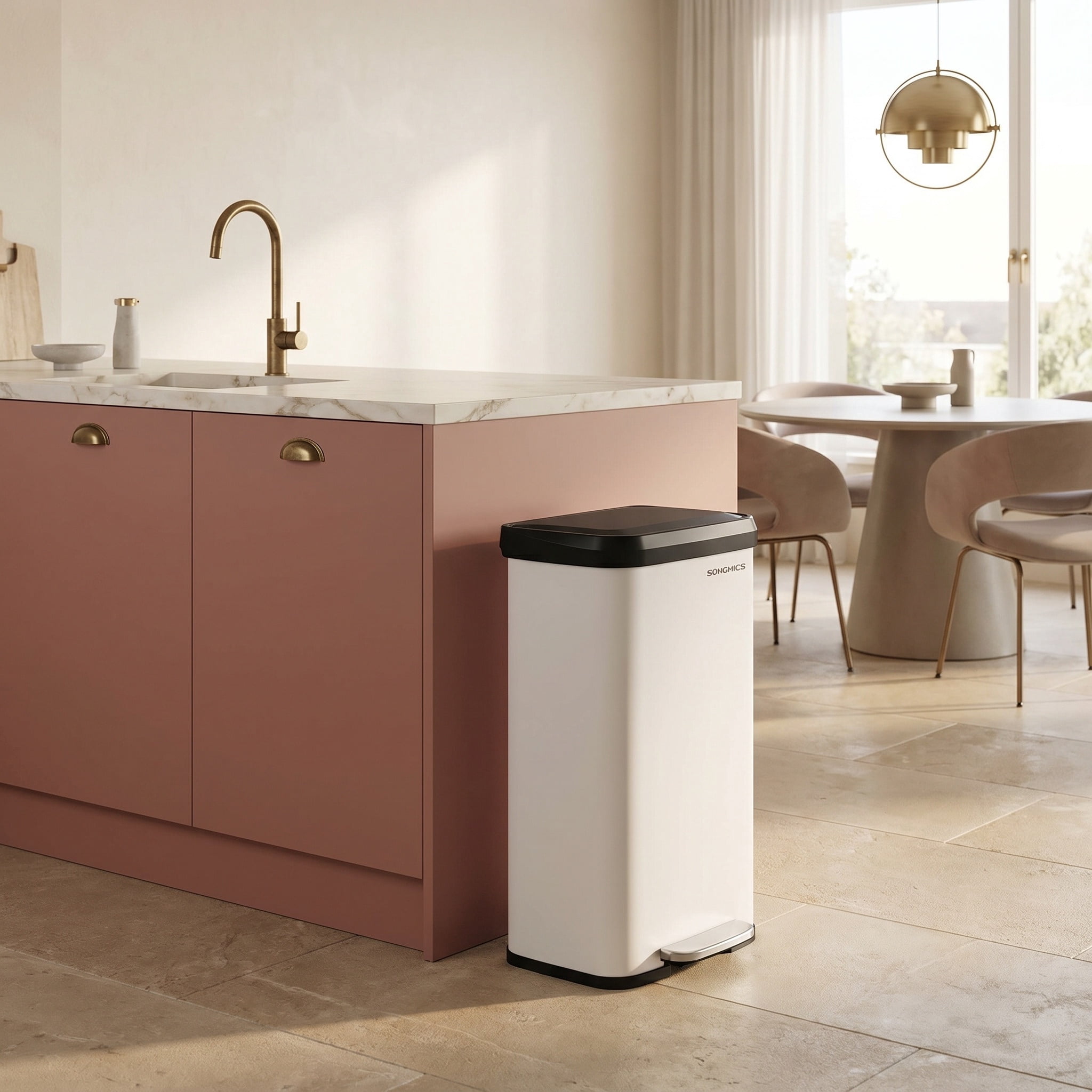 White Trash Can with Lid, Freestanding Kitchen Garbage Bin with Removable Inner Bucket