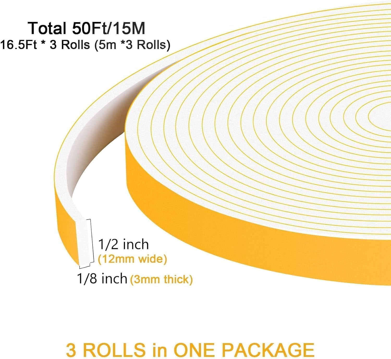 Weather Stripping Door Sweep Seal Strip for Doors Self Adhesive Soundproof Weatherstrip (White, 1/2 Inch X 1/8 Inch X 50Feet)