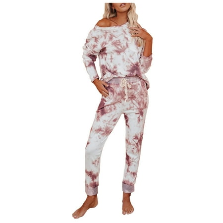 

RQYYD On Clearance Women Tie Dye Drop Shoulder Pajama Sets Long Sleeve Tops and Pants PJ Sets Joggers Loungewear Sleepwear Pink M