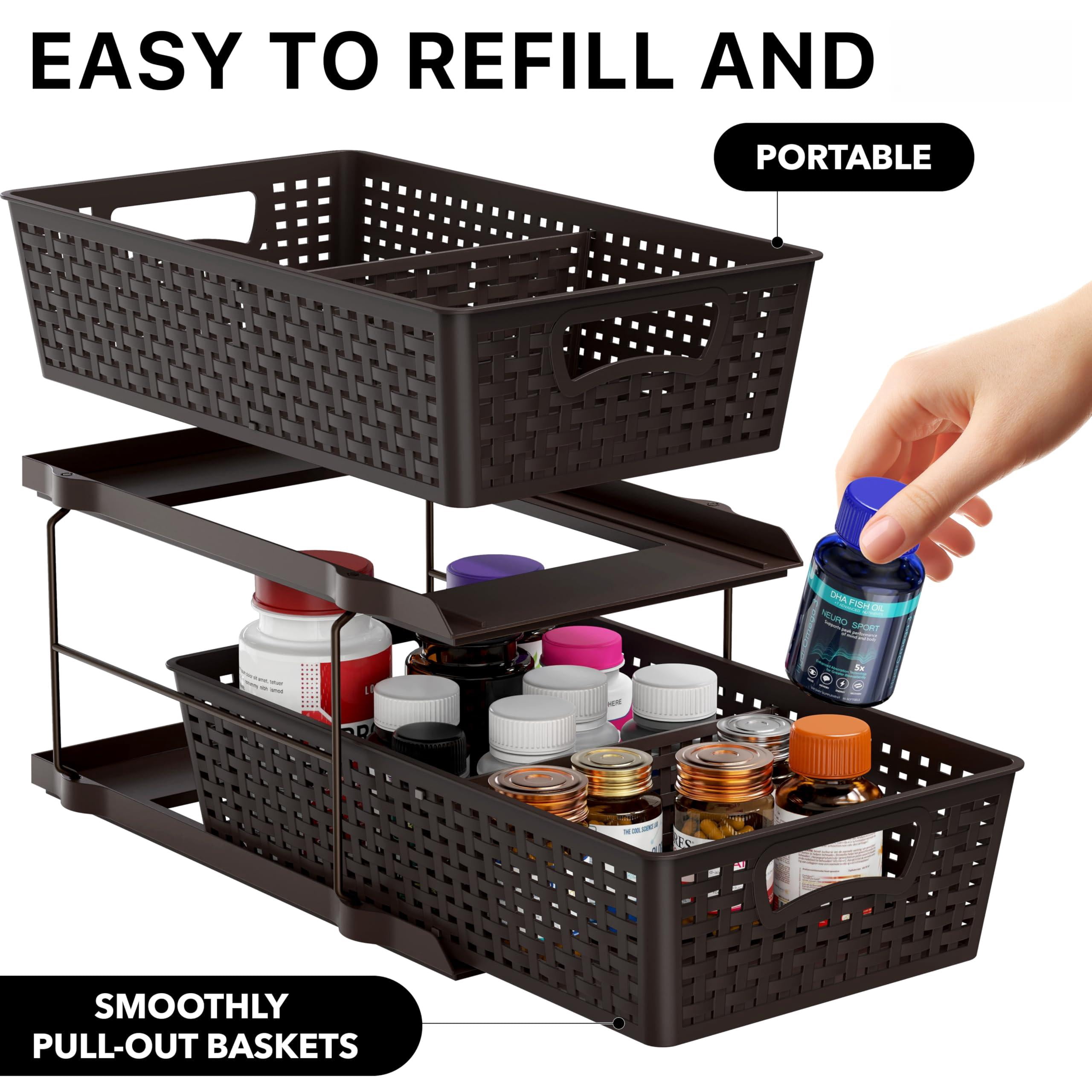 2 Tier Bathroom Organizer Tray Pull-out Sliding Drawer  Under Sink Storage Brown