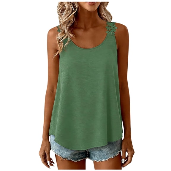 Womens Lace Tank Tops Loose Crew Neck Summer Casual Tshirts Sleeveless Trendy Blouses Tanks Green, M