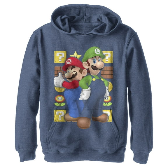 Boy's Nintendo Mario and Luigi  Pull Over Hoodie Navy Blue Heather Large