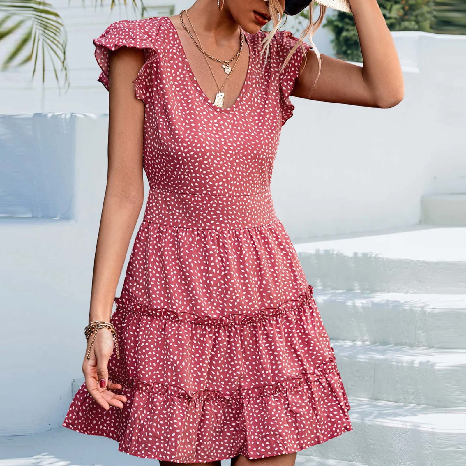 Besolor Women's Summer Dresses V Neck Sleeveless Polka Dot Sundress Ruffle  A-Line Flowy Beach Mini Dress - Walmart.ca