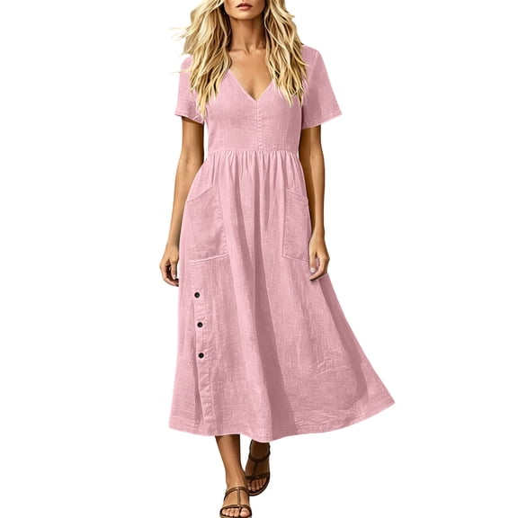 Kukoosong Women's Short Sleeve V-Neck Midi Dress with Side Button, Pockets Flowy A-Line Tea-Length Dress, Casual Summer Dress for Women