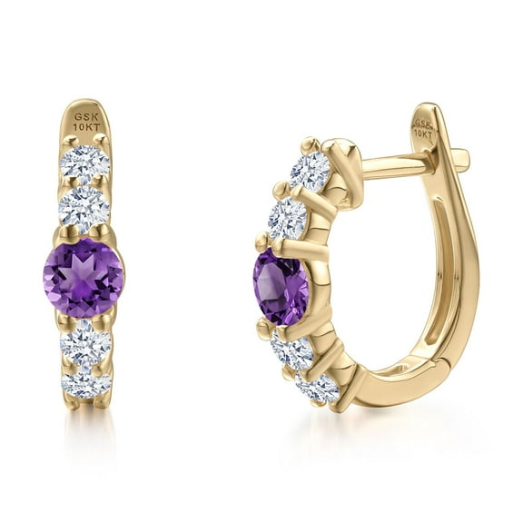 Gem Stone King 10K Yellow Gold Purple Amethyst Hoop Earrings for Women | 0.90 Cttw | Gemstone February Birthstone | Round 4MM