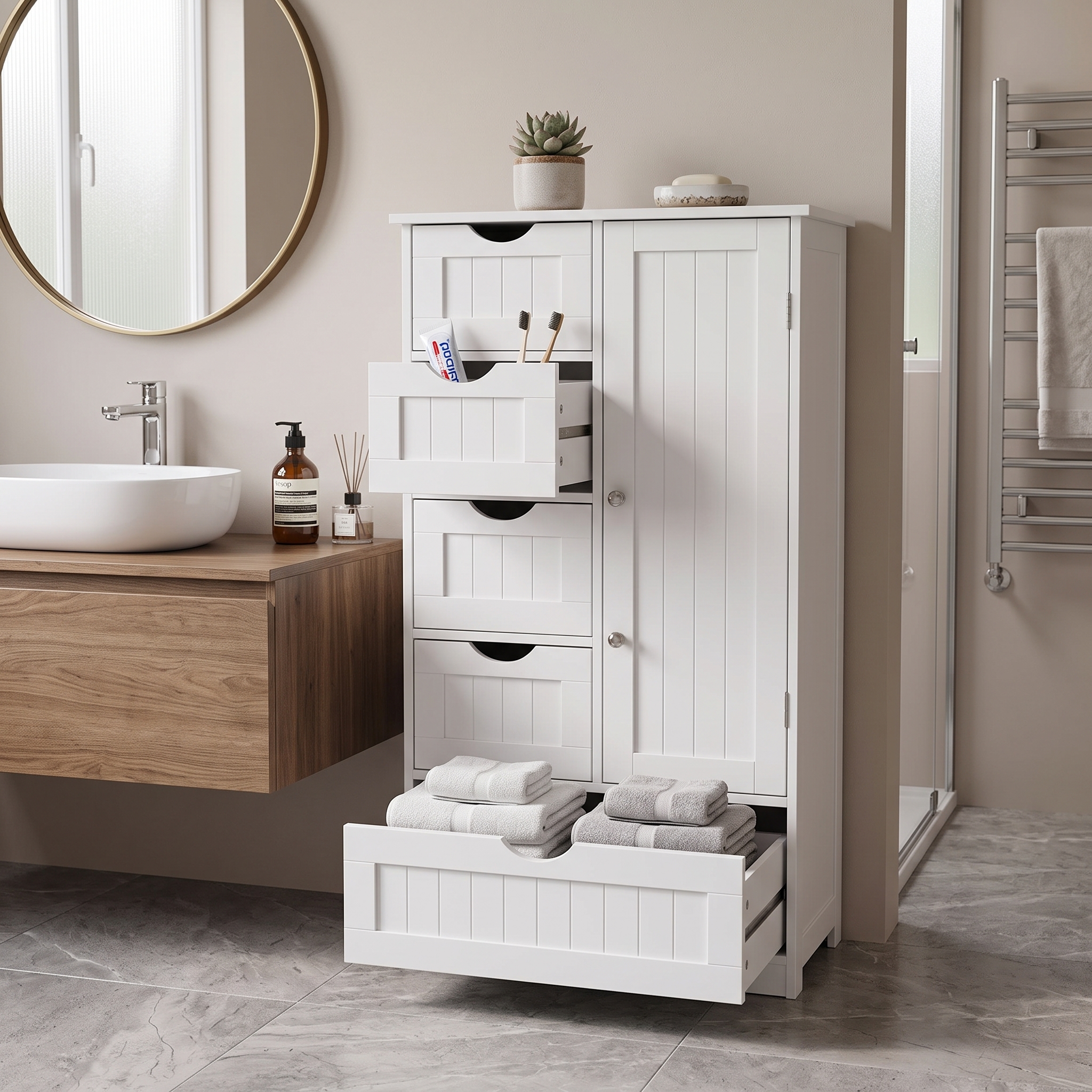 Elegant Vertical Grain Bathroom Cabinet 4 Small Drawers 1 Large Drawer 1 Lower Cabinet Particle Board for Powder Room Master Bathroom
