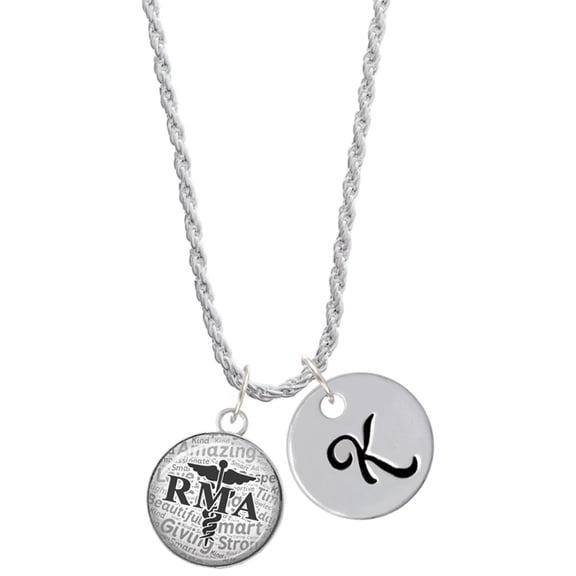 Delight Jewelry Silvertone Domed Black RMA Silvertone Script Initial Disc - K - Charm Necklace, 20"+3"