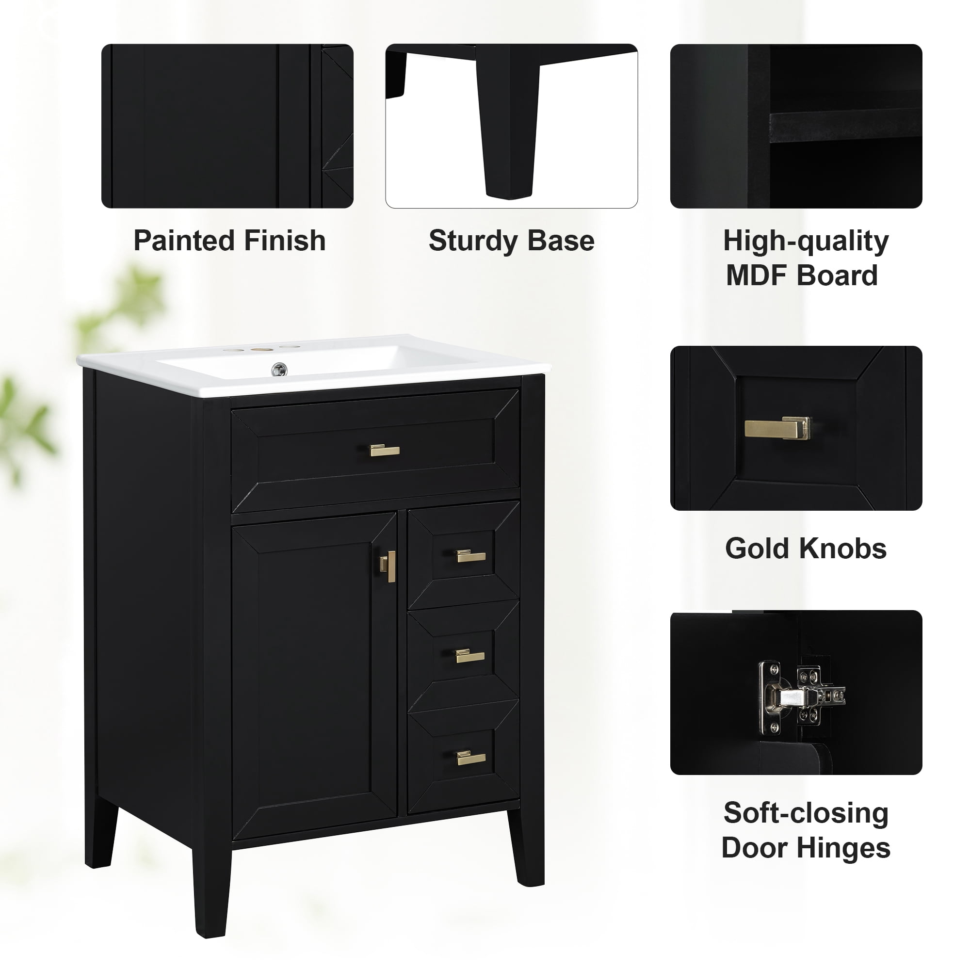 24" Bathroom Vanity with Sink, MDF & Rubberwood Construction, 3 Drawers & Cabinet with 2-Tier Door Storage Rack, Soft-Close Door & Drawers, Modern Design for Small to Medium Bathrooms