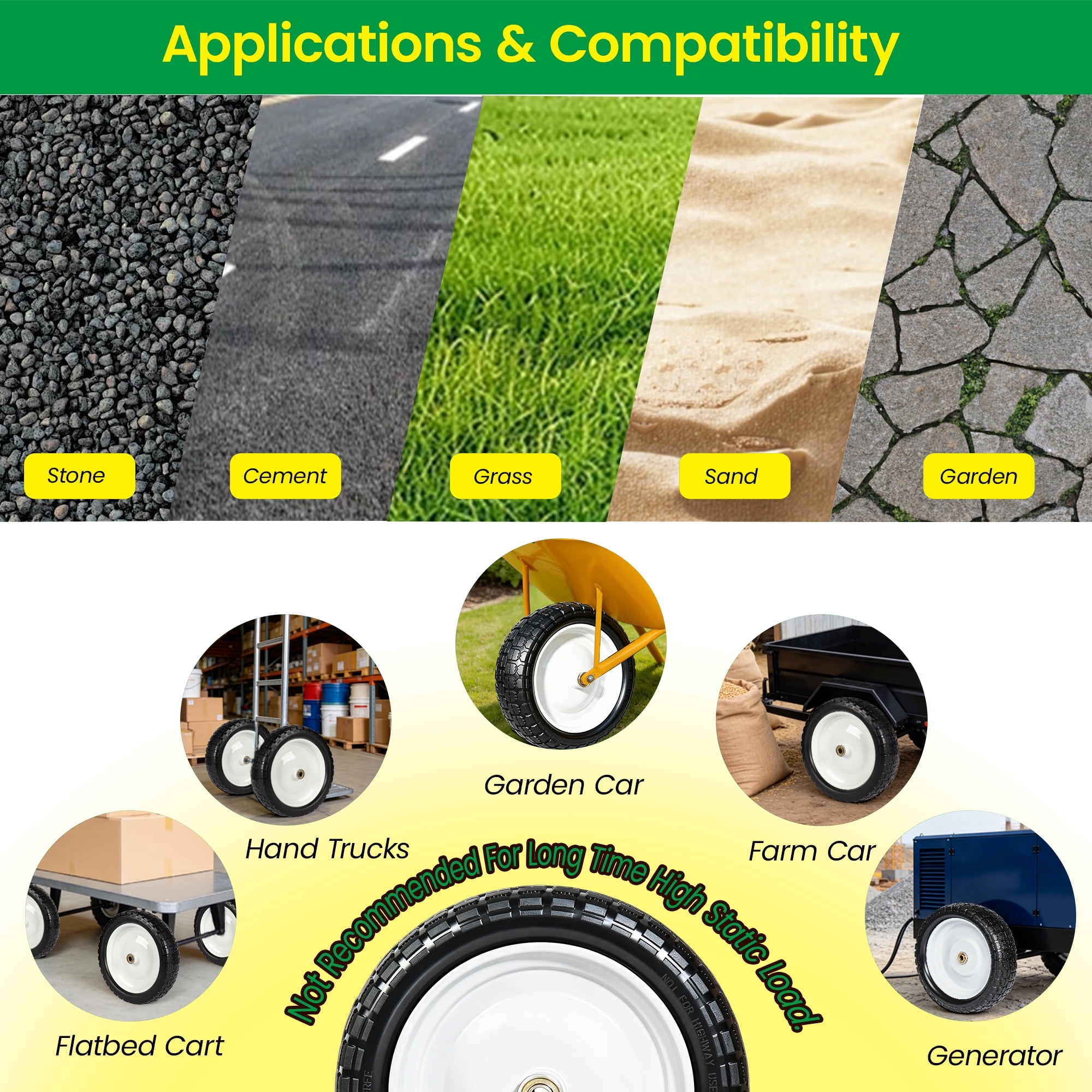 13 Inch Solid Rubber Tires 4.00-6 Flat Free Wheels with 5/8" Bearings 2.2" Offset Hub Replacement for Gorilla Cart, Hand Truck, Wheelbarrow, Garden Wagon, Dolly, Trailer, Utility Cart (Set of 2)