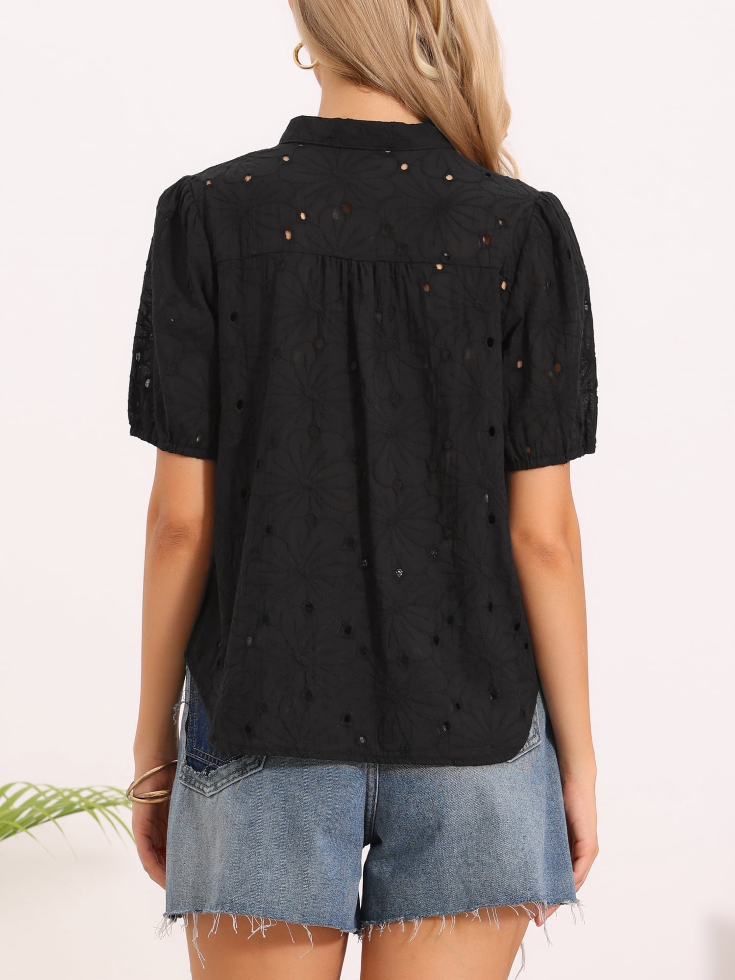 DARING DIVA Women's Eyelet Tops Short Sleeve Casual V Neck Hollow Out Shirts XL Black