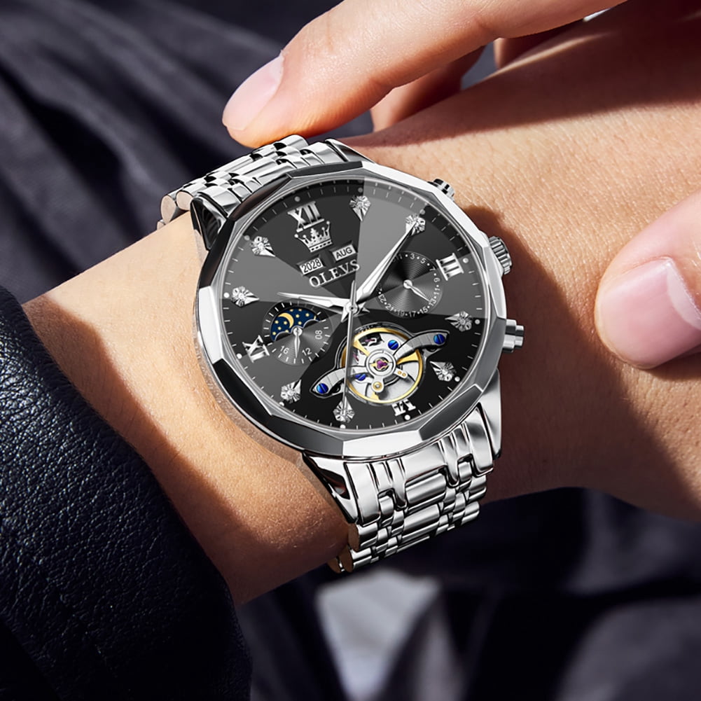 OLEVS Automatic Watches for Men Luxury Dress Waterproof Self Winding Mechanical Moon Phase Chronograph Stainless Steel Luminous Diamond Date Skeleton Tourbillon Wristwatch for Men Reloj Para Hombre