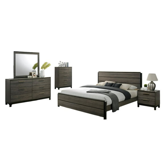Roundhill Furniture Grey Finish Wood Bed Room Set, King Bed, Dresser, Mirror, Night Stand, Chest
