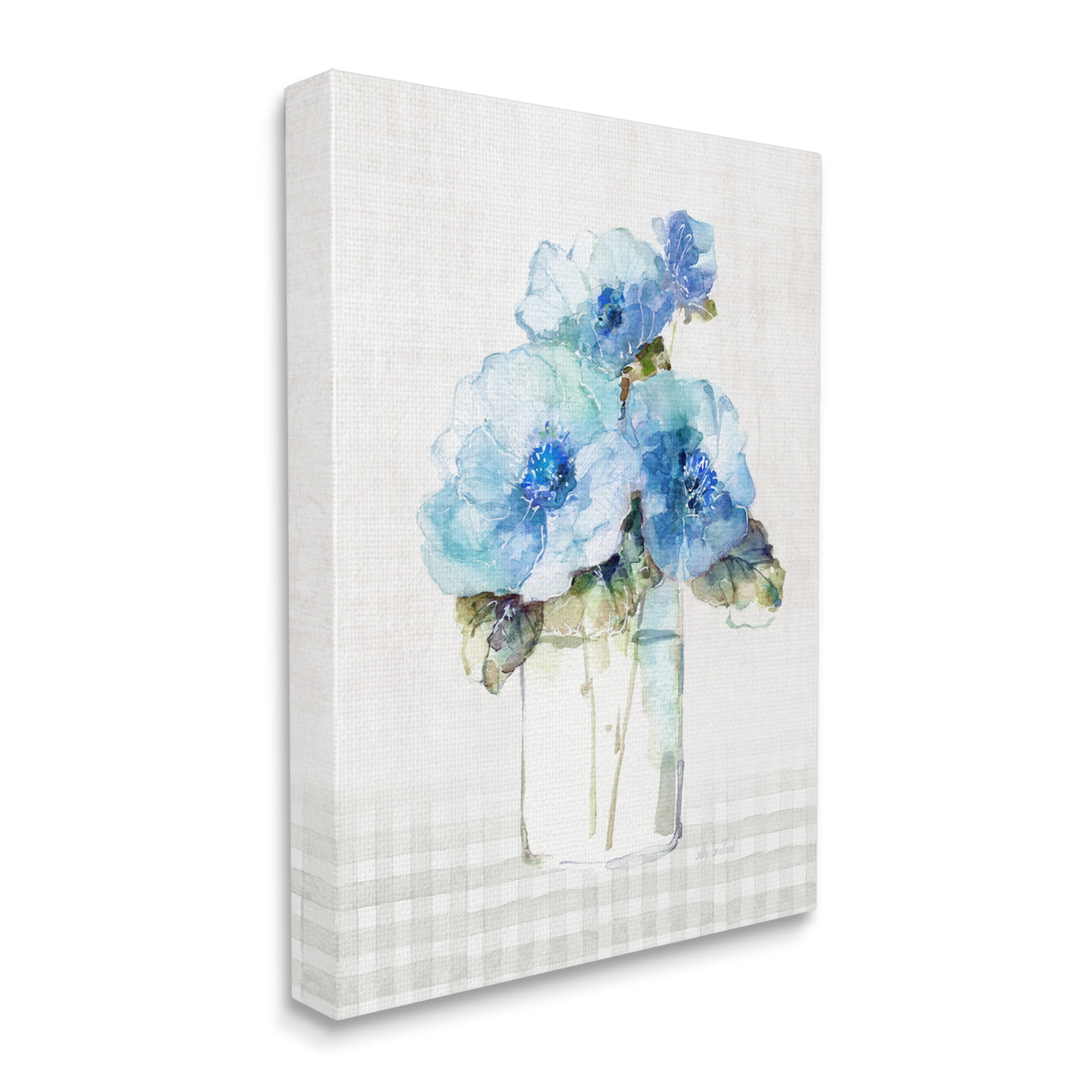 Stupell Industries Plaid Blue Flowers Botanical & Floral Painting Gallery Wrapped Canvas Art Print Wall Art, 36 x 48