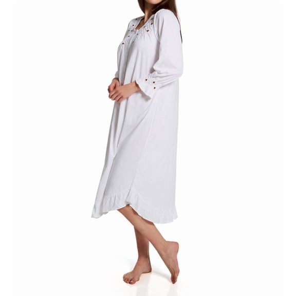 Women's La Cera 1538 100% Cotton Knit Red Rose Long Sleeve Gown (White L)