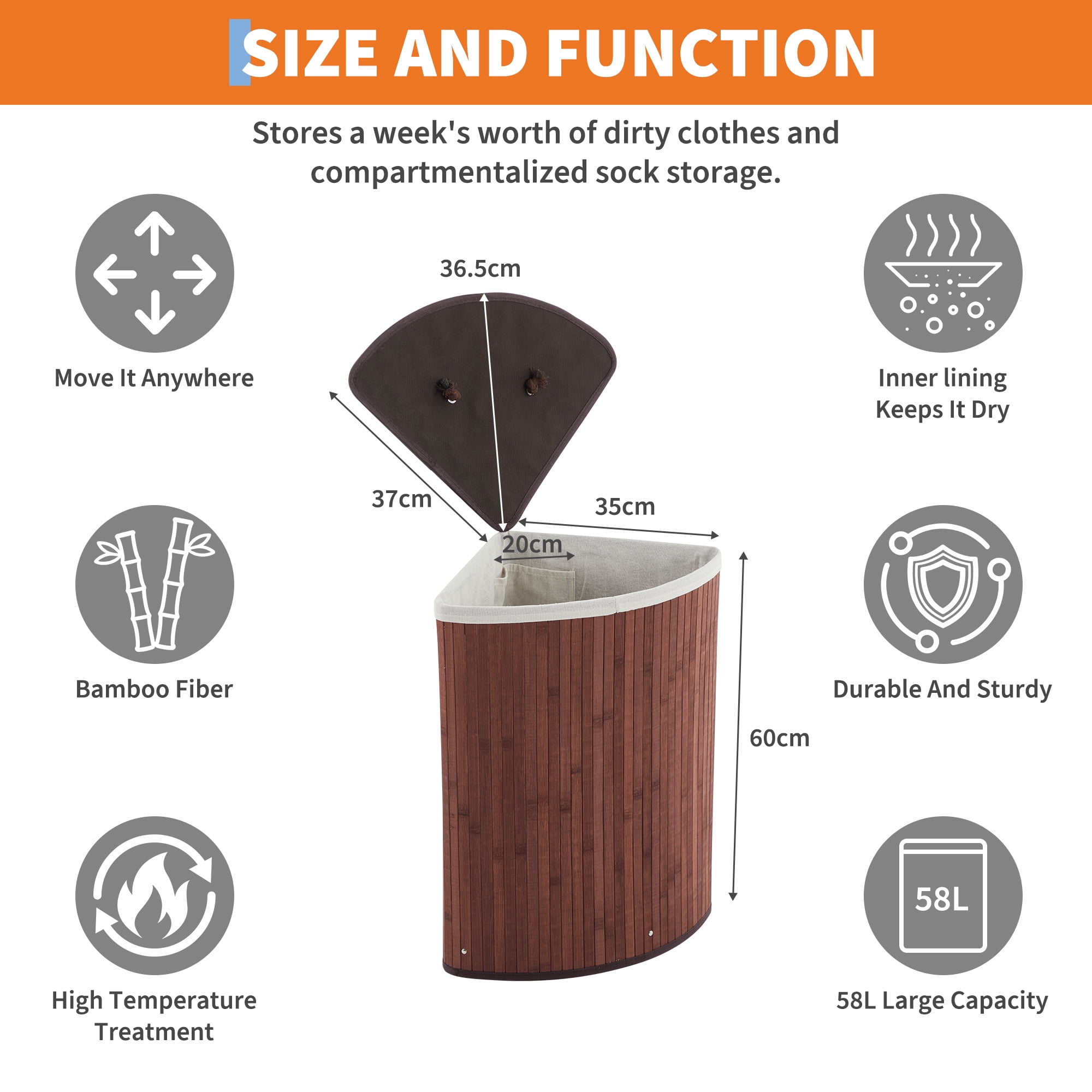 Corner Laundry Hamper with Lid, 19 Gallon/73 Liter Large Foldable Bamboo Laundry Basket with Washable Liner Bag, Wicker Clothes Hamper for Bedrooms Bathrooms Apartments, Brown