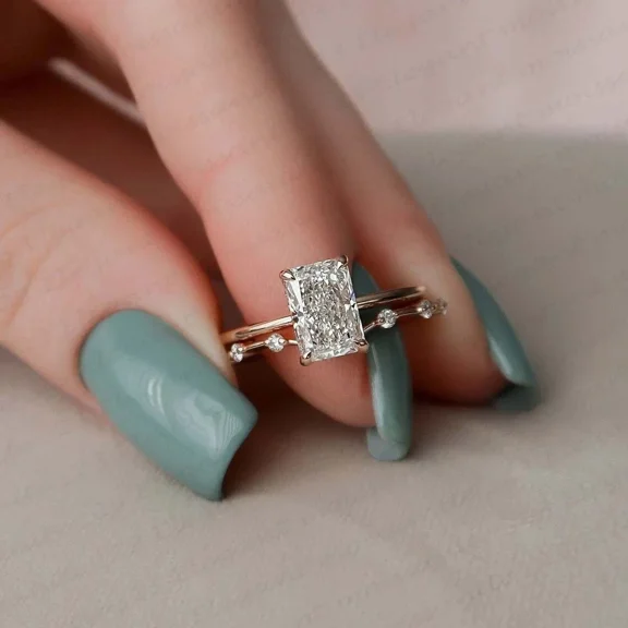 10x8mm Radiant Cut Moissanite Engagement Ring Bridal Set 14k Yellow Gold Plated