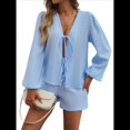thumbnail image 1 of Conjunto de 2 Piezas para Mujer, Camiseta de Larga con Lazo Delantero, Pantalón Corto y Pijama Deportivo Informal. Azul L, 1 of 10