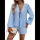 thumbnail image 1 of Conjunto de 2 Piezas para Mujer, Camiseta de Larga con Lazo Delantero, Pantalón Corto y Pijama Deportivo Informal. Azul L, 1 of 10
