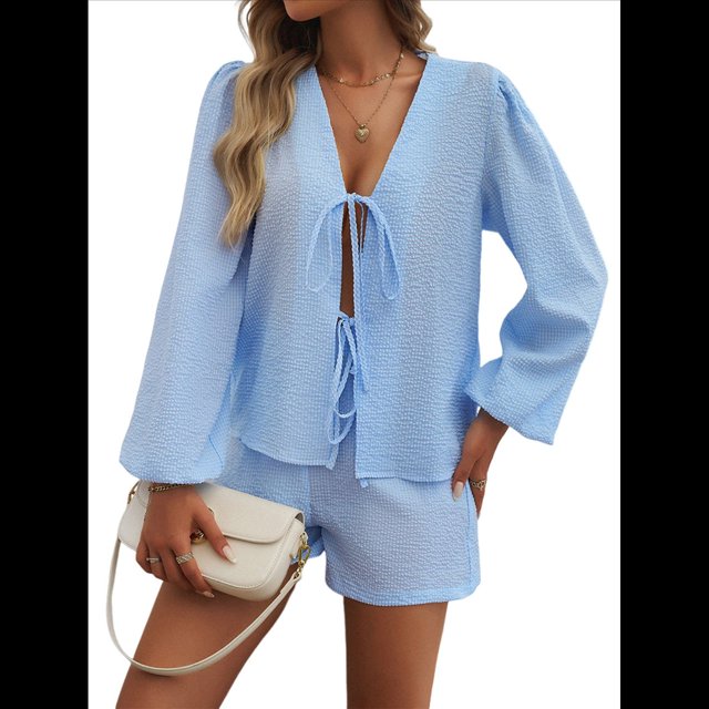 Conjunto de 2 Piezas para Mujer, Camiseta de Larga con Lazo Delantero, Pantalón Corto y Pijama Deportivo Informal. Azul L