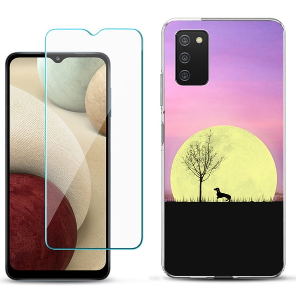 Slim-Fit TPU Phone Case Compatible with Samsung Galaxy A02s, with Tempered Glass Screen Protector, by OneToughShield ® - Moonlight Dachshund