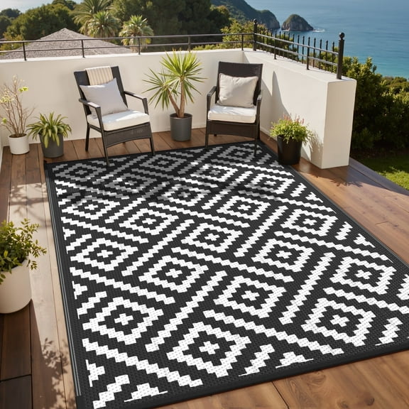DEORAB Outdoor Rugs Waterproof Plastic Straw Mat 6'x9' Reversible for RV Patio Deck Beach Black & White