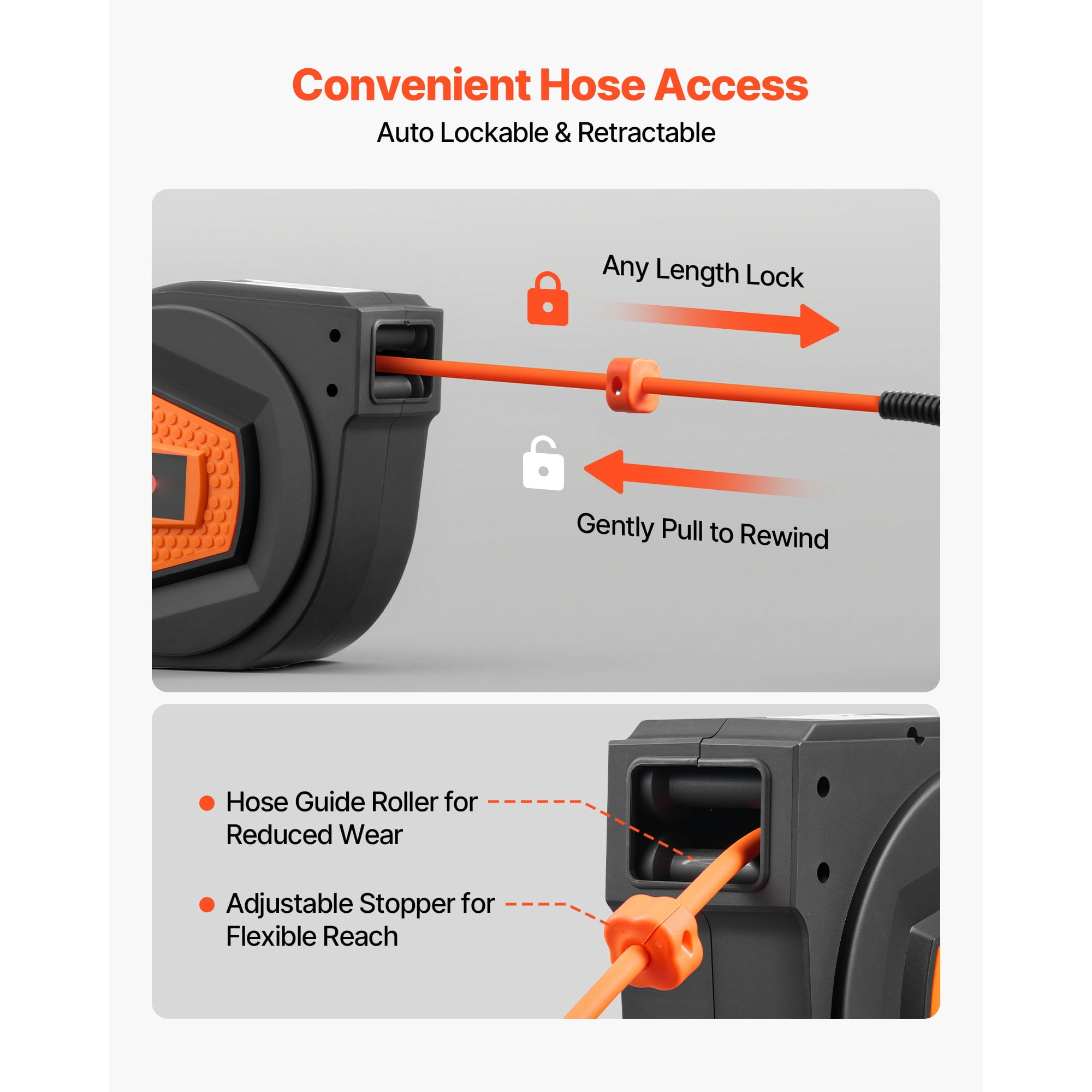 KFFKFF Retractable Air Hose Reel, 1/4 Inch x 50 FT Hybrid Hose, 300 PSI Max Pressure, Auto Rewind with 6.6 ft Lead-In Hose & Blow Gun, 180° Swivel Mount for Ceiling or Wall