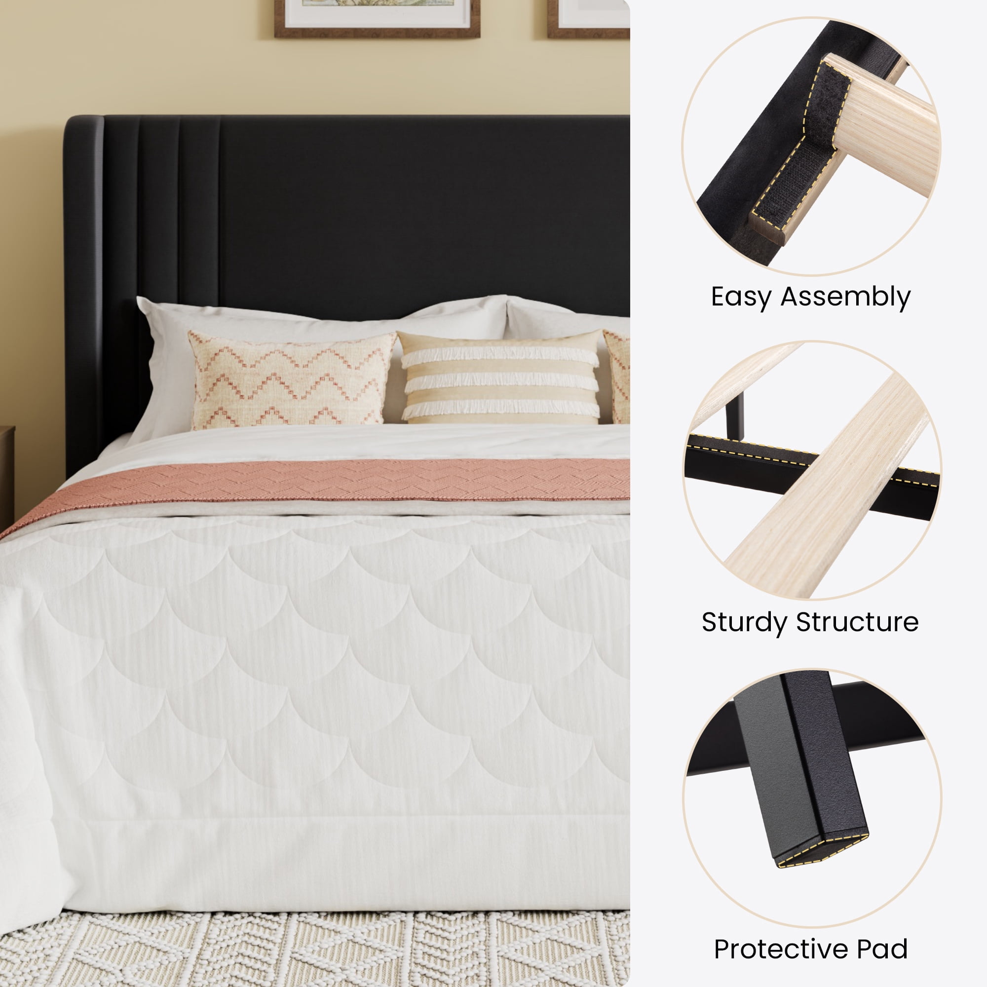 SHA CERLIN Queen Size Velvet Upholstered Platform Bed Frame with Vertical Channel Tufted Wingback Headboard, Wooden Slats Support, Easy Assembly, Under Bed Storage, No Box Spring Required, Black