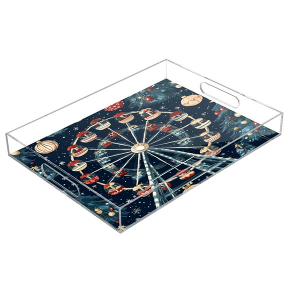 WOBOGO Acrylic Serving Trays 15.7x11.8 Inch Spill Proof Clear Decorative Organizer with Handle Christmas Decorated Ferris Wheel