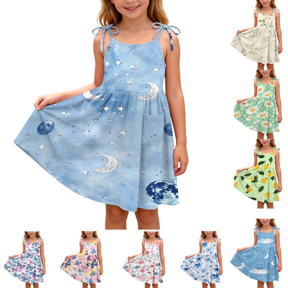 Afuyipoi Girls Dress Size 2-12Y Cloud Print Spaghetti Strap Tiered Sundress with Pockets for Kids Summer Daily Wear Blue Size 3T