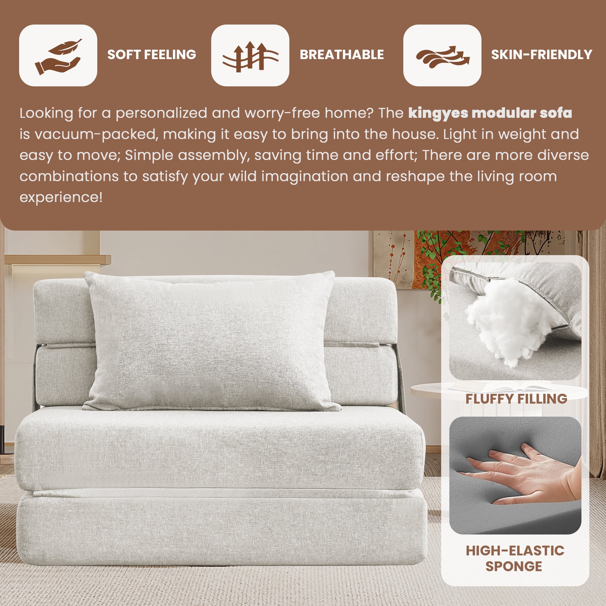 SERWALL Modular Folding Sofa Chair, 4-in-1 Convertible Sofa Bed, Foldable Sofa Chair for Bedroom, Beige