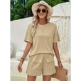 thumbnail image 5 of Women Matching Shorts Knitted Pockets Sets Fall Round Neck 2 Piece Set Summer Short Sleeve Lounge Sets Khaki M, 5 of 8