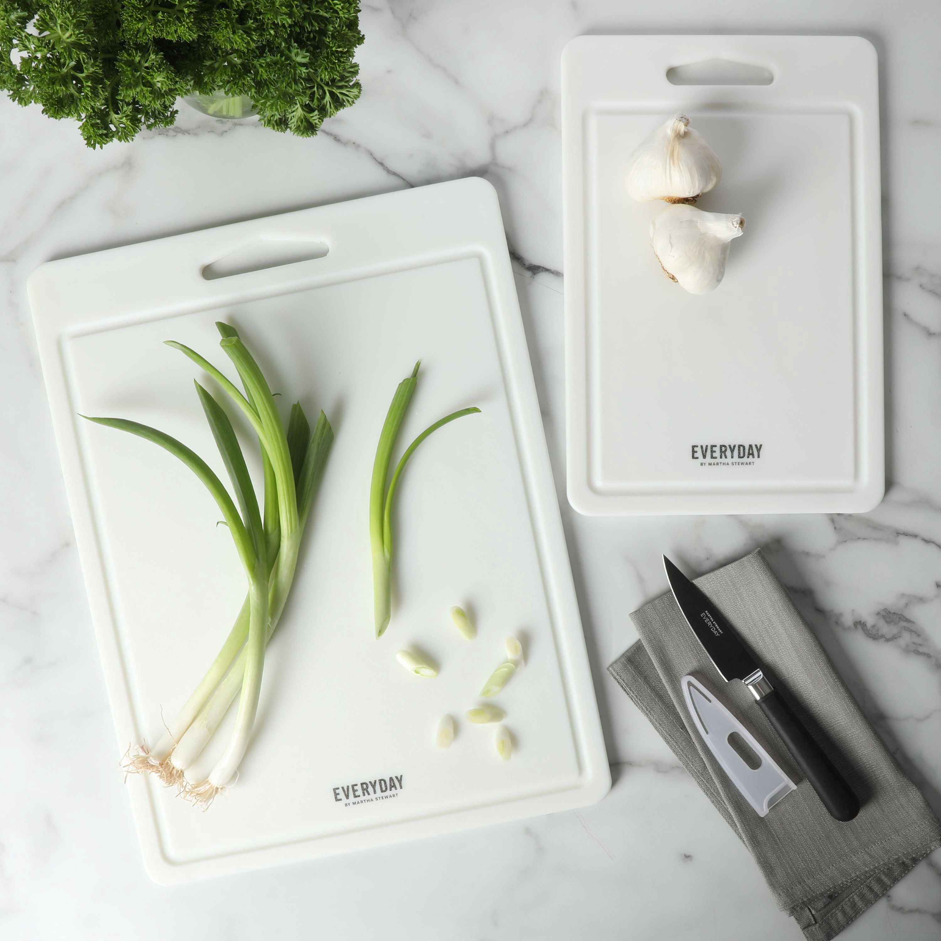 Martha Stewart 2-Piece Plastic Cutting Boards Set for Kitchen, Linen
