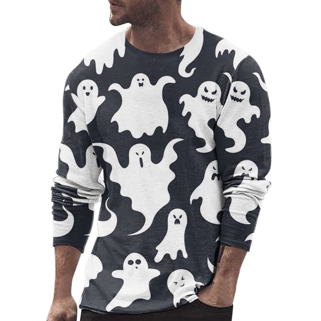 T-shirt à Col Rond à Manches Longues pour Homme, Automne et Hiver, Grande Taille, Décontracté, Rétro, Imprimé Intégral, Festival d'Halloween