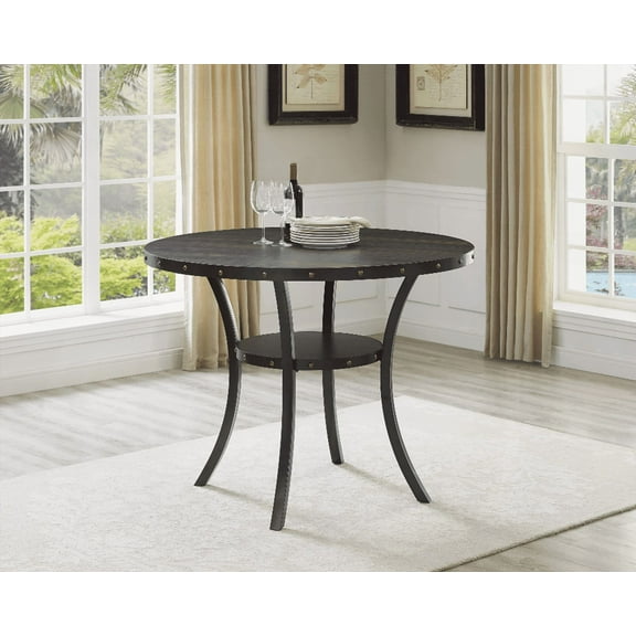 Biony Espresso Wood Counter Height Round Dining Set with Nailhead & Extra Shelf