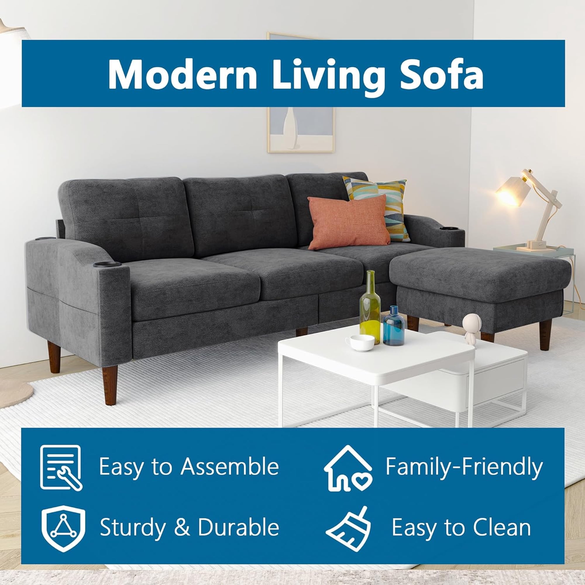 Aukfa L Shaped Sectional Sofa with USB Ports and Cup Holders, 78" 3 Seater Couch with Storage Ottoman, Dark Gray